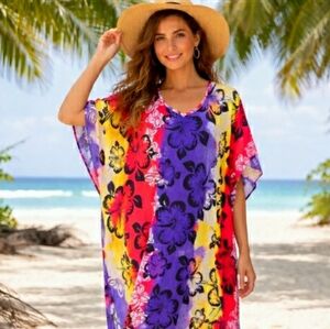 Kaftan Maxi Dress Tropical Hibiscous Floral Swim Cover Up 4X 🌺 NEW